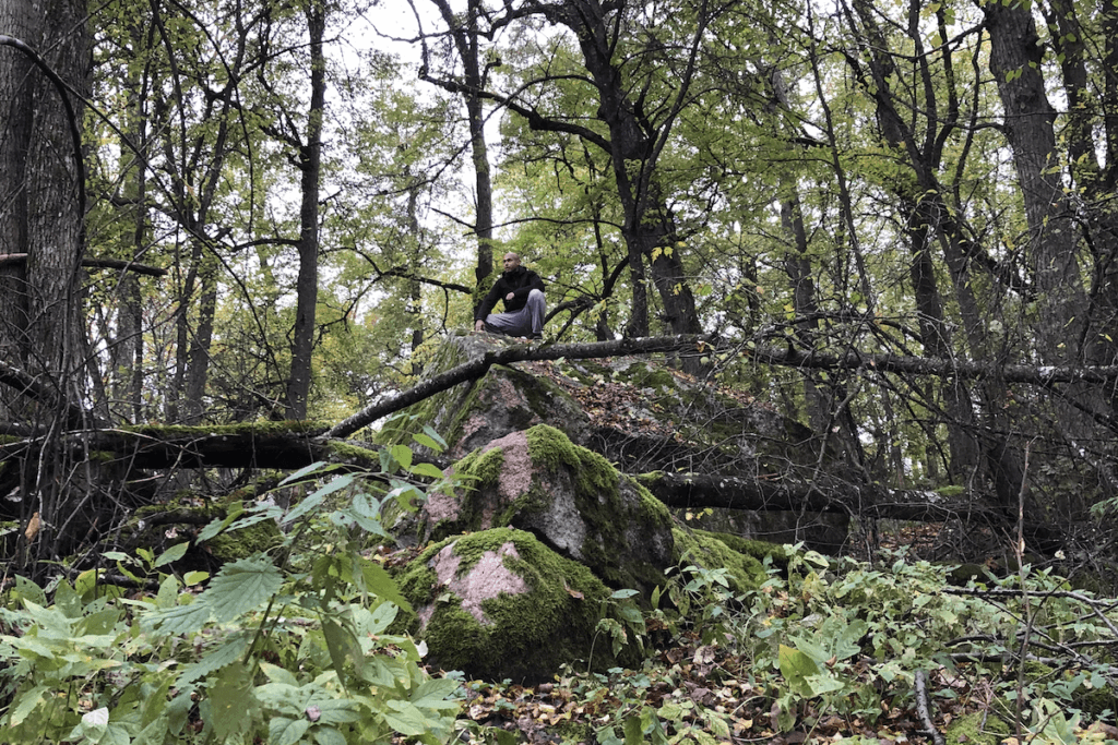 Mies luonnossa metsässä. Luonnossa liikkuminen tukee terveyttä, palautumista ja toimintakykyä.